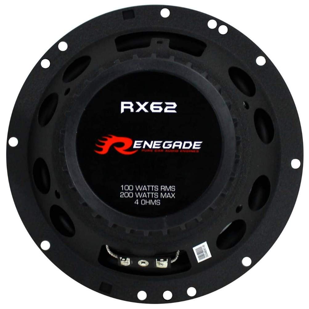 2 Altavoces RENEGADE RX62 coaxial de 2 vías 6,5" 16,50 cm 165 mm diametro 100 vatios rms 200 vatios MAX impedancia 4 ohmios 90 db spl Negro Coche, por par