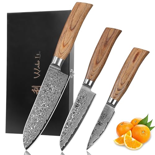 Wakoli EDIB Pro 3-teiliges Küchenmesser Set aus echtem Damaststahl (VG10 Kern) in Geschenkbox aus Holz – 2x Santoku Messer & Officemesser –...