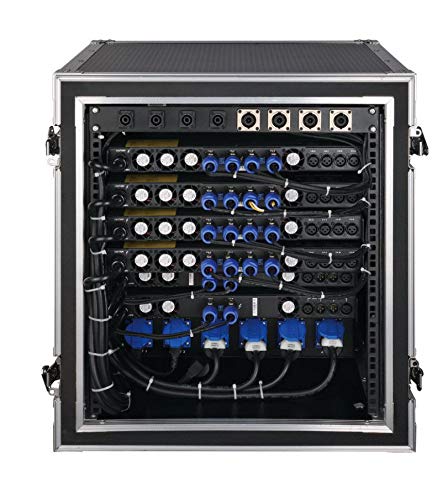 Rear view of multiple CVR D-Series amplifiers in a rack with professional cabling