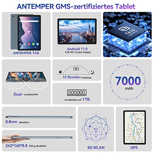 ANTEMPER Tablet mit Tastatur Maus Stift und Hülle, 4GB RAM+128GB ROM(TF 1TB) Tablet Pc, Octa-Core 1,8 GHz, Tablet 10 Zoll Android 11, 2.4GHz/5GHz WiFi, 13MP+8MP Kamera, Google GMS, Grau – Bild 4