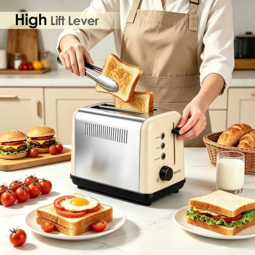 Image of Toaster 2 Slice, Stainless Steel, 6 Shade Settings, 1.5 inch Extra Wide Slots | NEXFIT Retro Toaster with Bagel, Defrost, Reheat & Cancel Functions, 900W, Removable Crumb Tray, High Lift, Cord Wrap, Beige