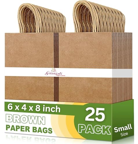 Image of Disposable Brown Kraft Paper Bags 6 inchx8 inchx4 inch Pack of 25pcs- Small Party Favor Goodie Bag, Craft Paper Return Gift Bags -Disposable Recycled Eco Friendly Paper Bags (6 inchx8 inchx4 inch)