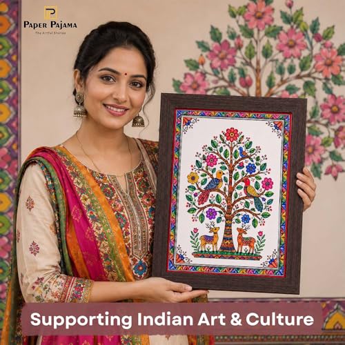 Image of PAPER PAJAMA Tree of Life Wall Art for Living Room | Madhubani Bird & Deer Painting | Traditional Mithila Folk Artwork Framed Home Decor for Bedroom, Office & Hall (10x13 Inches)