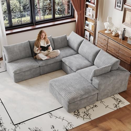 Image of 103 inch Cloud Couch Modular Sectional Sofa for Living Room, U-Shape Boneless Couch with Deep Seat, Modern Corduroy 5-Seater with Ottoman, No Assembly Required, Light Grey