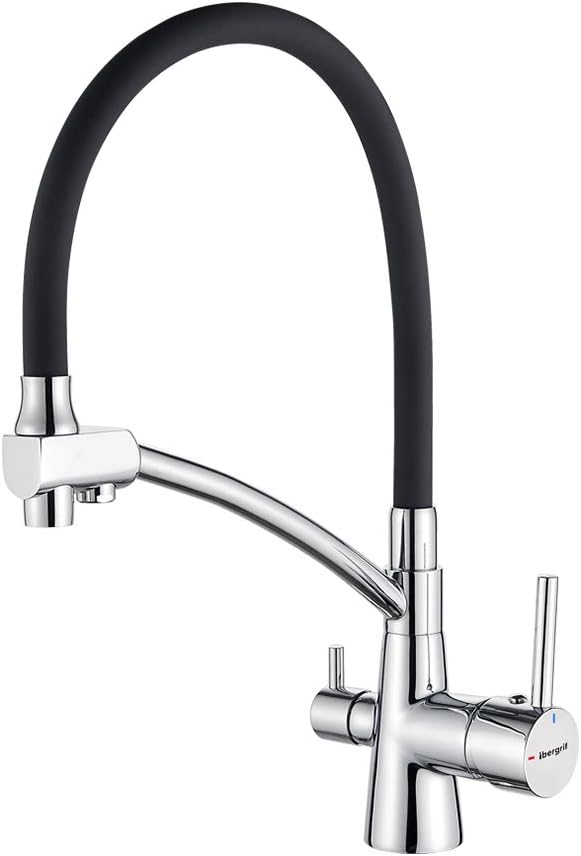Ibergrif, Black Kitchen Tap with Flexible Spout, 3 in 1 Sprayer for Sink Mixer, Chrome
