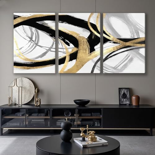 Image of DUWQU Triptych Black Gold White abstract Lines Canvas Wall Art 24x36 in x3 | Wooden frame, UV-resistant ink, Giclee printing process, Pre-installed hooks make it easy to hang home or office wall decor