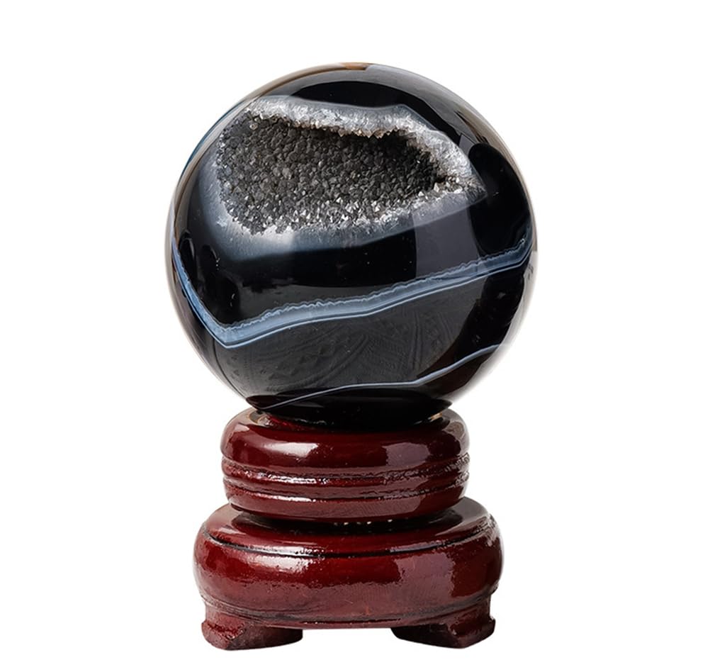 RVBLRDSE Black Stripes Agate Crystal Ball with Stand| Geode Stone Sphere|Hand-Polished Sulpture|Fengshui, Divination, Decor Gemstone Stone