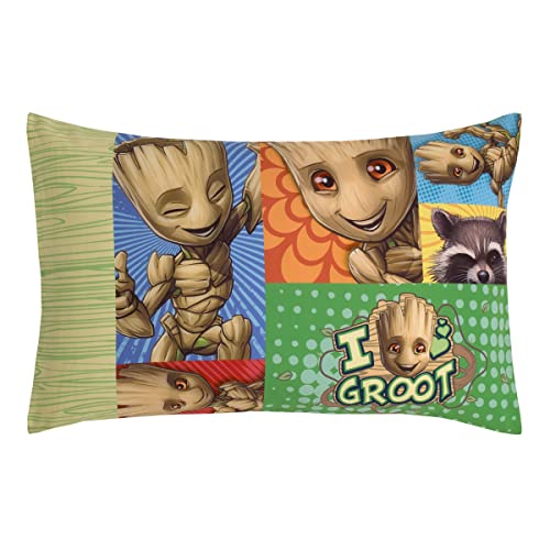 Image of NoJo Marvel Guardians of The Galaxy I Am Groot Green and Blue 4 Piece Toddler Bed Set - Comforter, Fitted Bottom Sheet, Flat Top Sheet, and Reversible Pillowcase