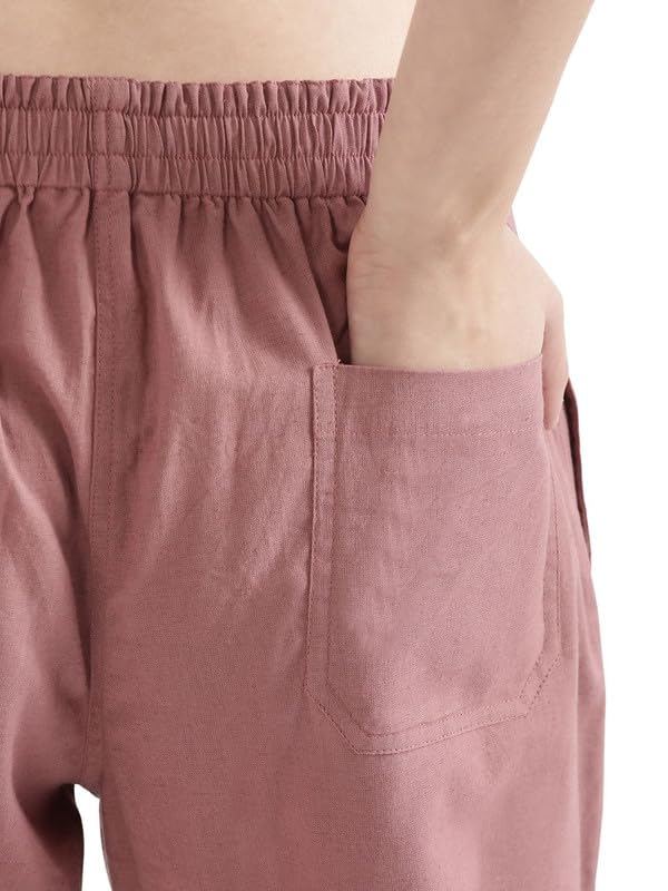 Image of SAADAA Women's Airy Linen Straight Pants | Regular Fit Trousers | Half Elasticated with Drawstrings & Buttons | 4 Pockets | Everyday & Office Wear