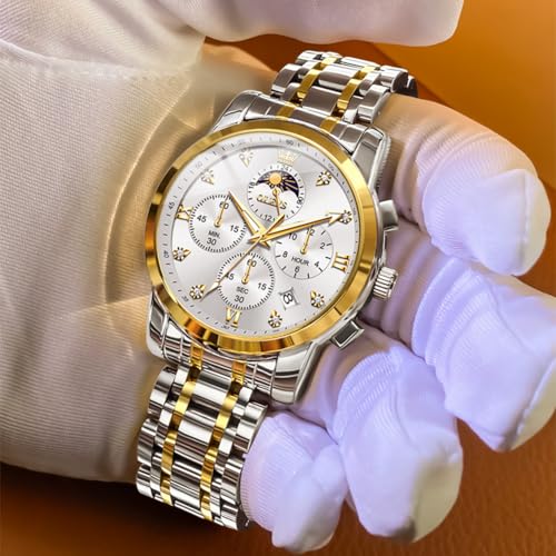 Image of OLEVS Multifunctional Chronograph Calendar Watch for Man Diamond Analog Moon Phases Wrist Watches Stainless Steel Waterproof Luminous Mens Watch