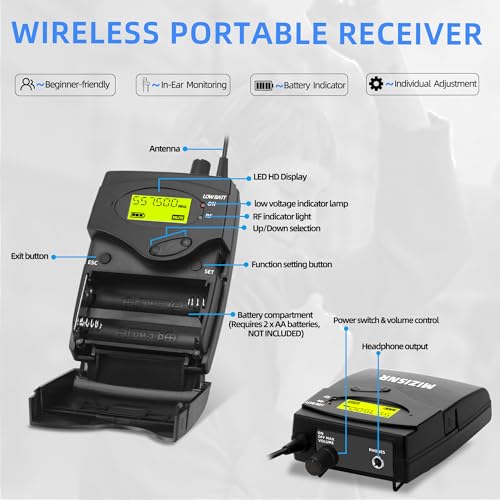 MIZISNR ワイヤレスインイヤーモニターシステム 2チャンネル 4 ボディパック Pro Mono IEMシステム ミュージシャン用 メタルラックマウントモニター 2x40 UHF周波数 330フィートの範囲 バンド ステージ スタジオ用 (IME-4000)