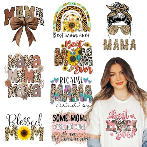 Kaciola 9 Sheets Mother's Day Iron on Transfers, Mama DTF Transfers Ready to Press Iron on Decals for T Shirts Hoodie DIY Crafts
