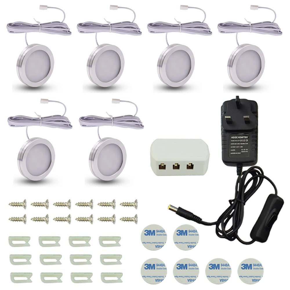 GQL 12V Under Cabinet Light Kit Wired, 1500 Lumens, LED Puck Lights Disc Lighting for Kitchen, Counter, Closet, Cupboard, Shelf (White (6000K), Set of 6)