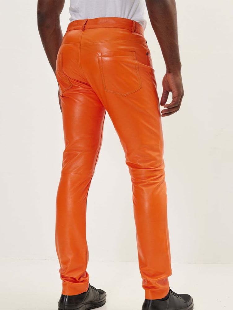 Pantaloni di Pelle Uomo Slim Fit Pantalone Moto Biker