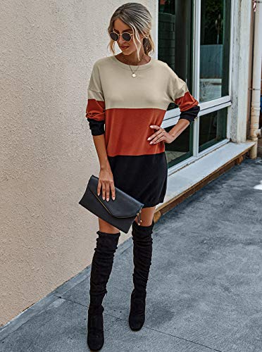 KIRUNDO Women’s 2020 Winter Long Sleeves Mini Sweater Dress Leopard Plaid Print Crew Neck Oversized Long Knit Pullover Tops (Large, Color Block-Black)