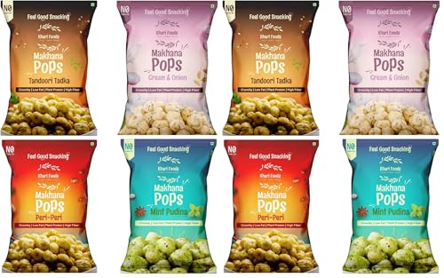 Image of Khari Foods Premium Flavoured Makhana, 4 Flavours Combo, Crunchy & Roasted Makhana Pops, Protein Source, Fibre Rich, No Palm Oil, Gluten Free (25g x 4) (Pack of 2)