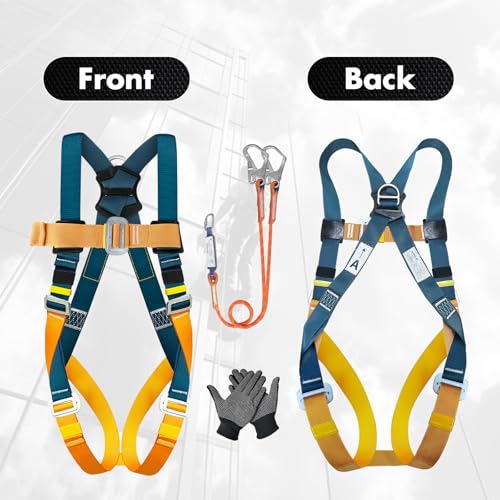 Absturzsicherung Sicherheitsgurt mit Energieabsorber, Doppel-Lanyard 1,8m & großen Haken aus Legierungsstahl, Max. Belastung 140 kg, EN 361/354/355, Fallschutz Auffanggurt für Dachdecker, Klettern