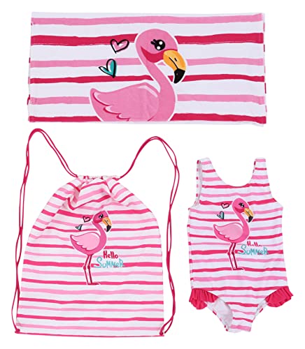 Flamingo Girls One Piece Bathing Suit Beach Bag and Towel 3 Swimsuit Set Toddler