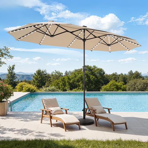 HERA'S PALACE 13 ft Patio Umbrella with 120 LED Solar Lights Double Sided Outdoor Umbrella for Patio 8 Colors Changing Table Umbrella Outdoor Patio for Garden Pool