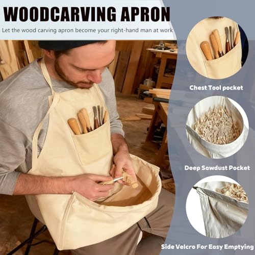 Image of Woodcarving Apron-Work Apron with Brown Leather Chest Patches, Tool Pocket