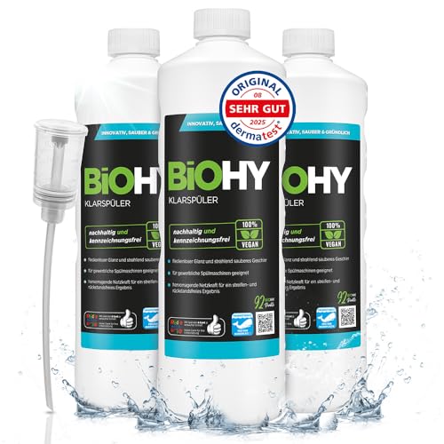 BiOHY Klarspüler (3 x 1 Liter) + Dosierer | Bio Geschirrspülmittel | ideal für alle Spülmaschinen | EXTRA STARKER Fettlöser für Gastronomie & Haushalt | frischer Glanz auf Glas & Geschirr