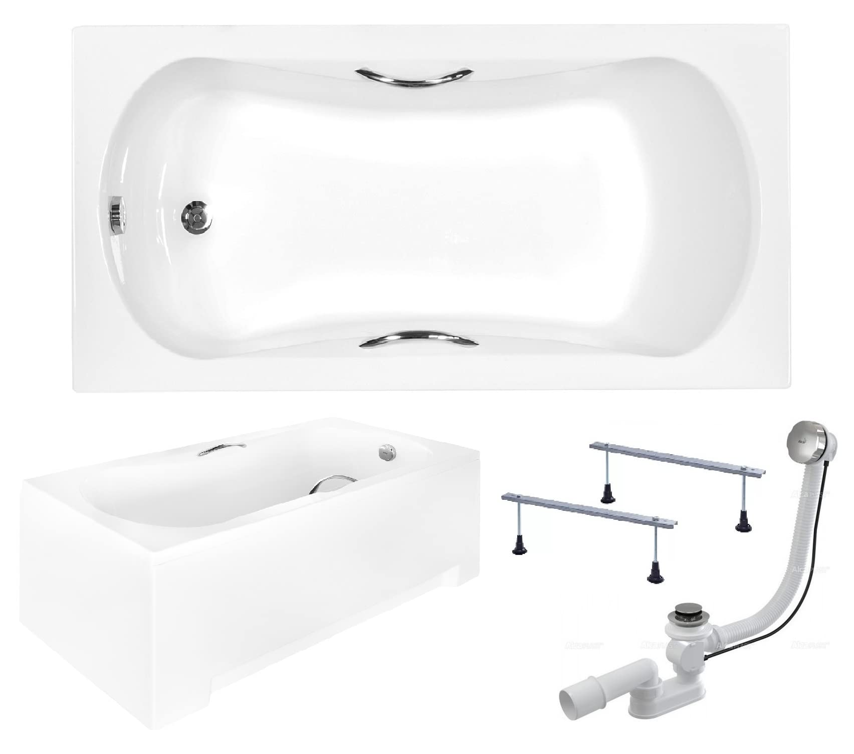 BADLAND Badewanne Original Weiß Acryl Wanne Rechteck ARIA PLUS 160x70 KOMPLETTSET SET mit Weiß Acrylschürze + Füßen und Exklusive Chrom Automatik Ablaufgarnitur Made in EU 4in1