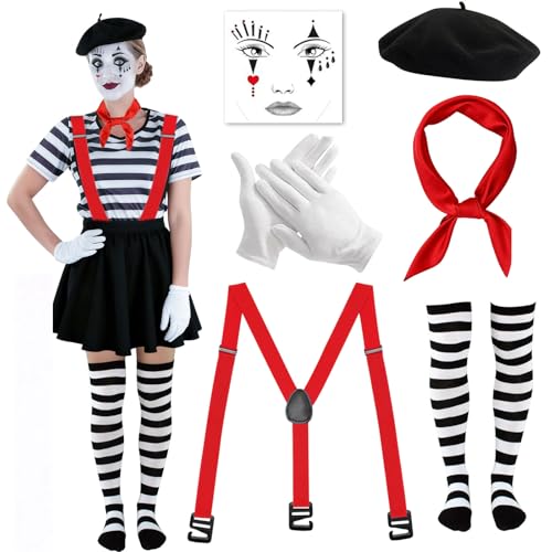 Disfraz Mimo Mujer Carnaval, 6 Piezas Disfraz Pantomime para Mujer y Hombre con Boina, Bufanda Roja, Guantes Blancos, Tatuaje Facial y Tirantes, Disfraz de Payaso para Fiesta de Halloween Carnaval