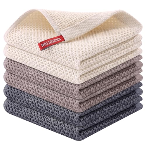 Kitinjoy 100% Cotton Kitchen Dish Cloths (12 X 12 Inches, Mixed Color), 6 Pack Waffle Weave Ultra Soft Absorbent Dish Towels for Drying Dishes Quick Drying Kitchen Towels Dish Rags