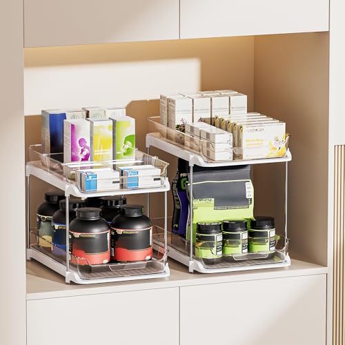 Delamu 2 Sets of 2-Tier Multi-Purpose Bathroom Under Sink Organizers and Storage, Stackable Kitchen Pantry Organization, Pull Out Medicine Cabinet Organizer with 8 Movable Dividers, White