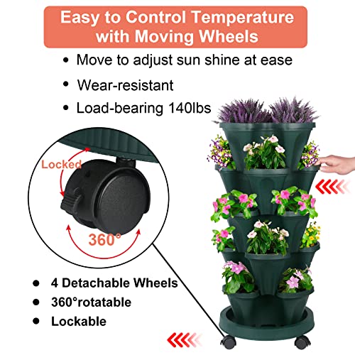 Stackable Planter, Vertical Garden Planter With Wheels And Tools, Self Watering Strawberry Planter Indoor/Outdoor 5 Tier Garden Tower Herb Planter For Growing Vegetables And Succulents,Pine Green #TOP4