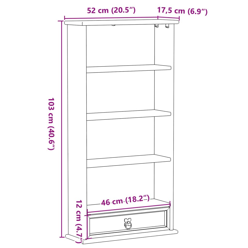 Fengshui Scaffale per CD in legno massello di pino, 52 x 17,5 x 103 cm, con cassetto e scomparti aperti, versatile, utilizzabile come scaffale o armadietto portaoggetti, con maniglia in metallo e