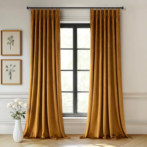 Image of MIULEE Velvet Pinch Pleated Blackout Curtains 84 inches Long, Gold Brown Pleat Design Thermal Insulated Luxury Window Drapes for Living Room Bedroom with Hooks, Set of 2