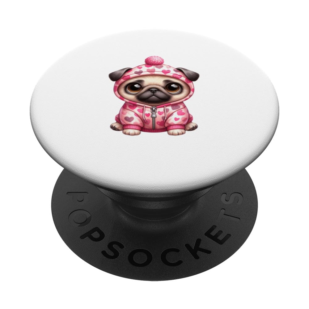 funny valentine pink dog cute animal with heart pug PopSockets Swappable PopGrip, Black