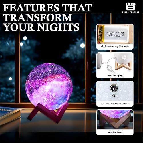 Image of CRAE 3D Galaxy Moon Lamp Decor, Night Light with Wooden Stand | Touch Control LED Moon | Cool Decorative for Unisex