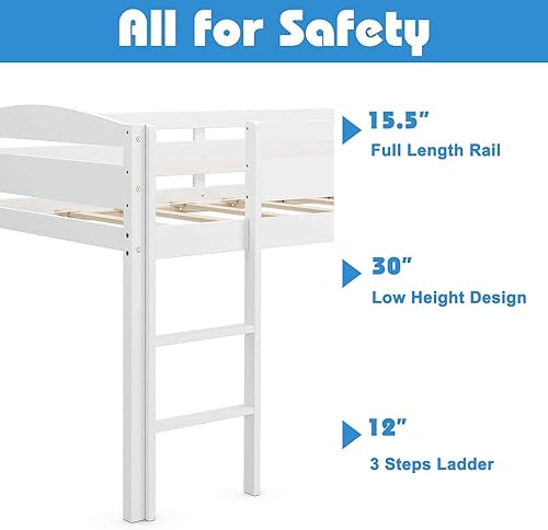 Miniatura 8 de Cama baja de madera de tamaño individual con barandilla de protección y escalera para niños y niñas, cama baja clásica para niños con almacenamiento