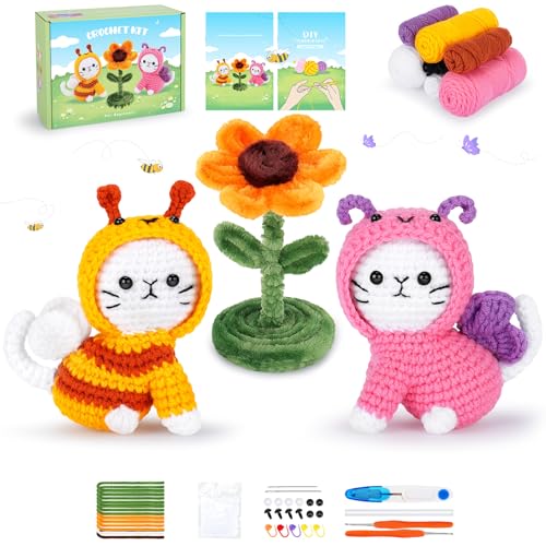 Lista de Kits de ganchillo - los preferidos. 47 Kit de Ganchillo para Principiantes, 2 Piezas Gatos Vestidos como Abeja y Mariposa Kits de Ganchillo con Tutoriales en Vídeo Paso a Paso, Kits de Ganchillo para Principiantes para...