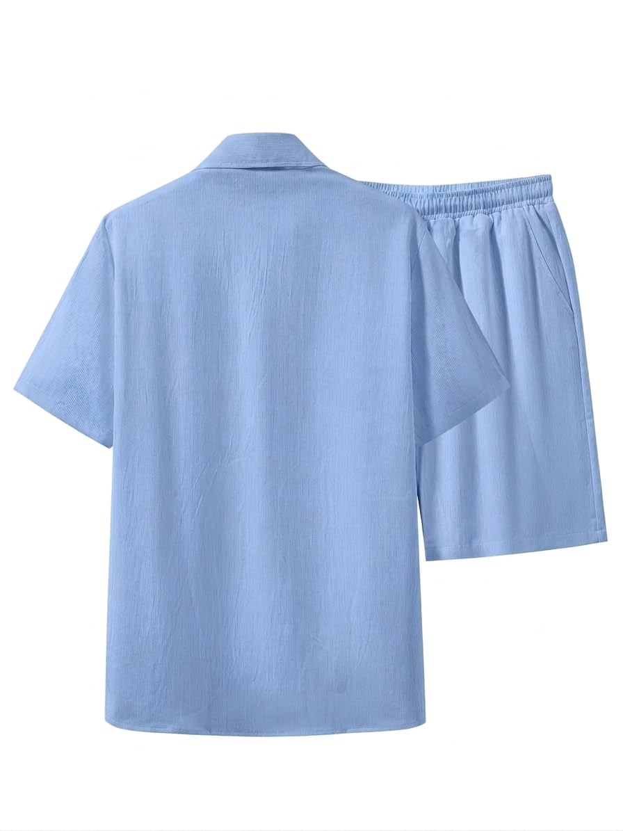 Men's Solid Sky Blue Co-ord Set | Short Sleeve Casual Shirt & Matching Shorts Combo | Lightweight Textured Summer Wear for Men-image-40