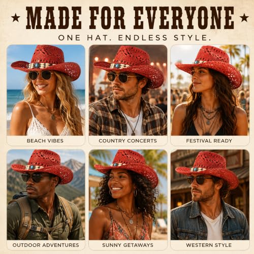 Image of Wildarms Western Cowboy Hat for Women Men Wide Brim Woven Straw Cowboy Hat for Men Cowgirl Sun Beach Hat Decorative Bands
