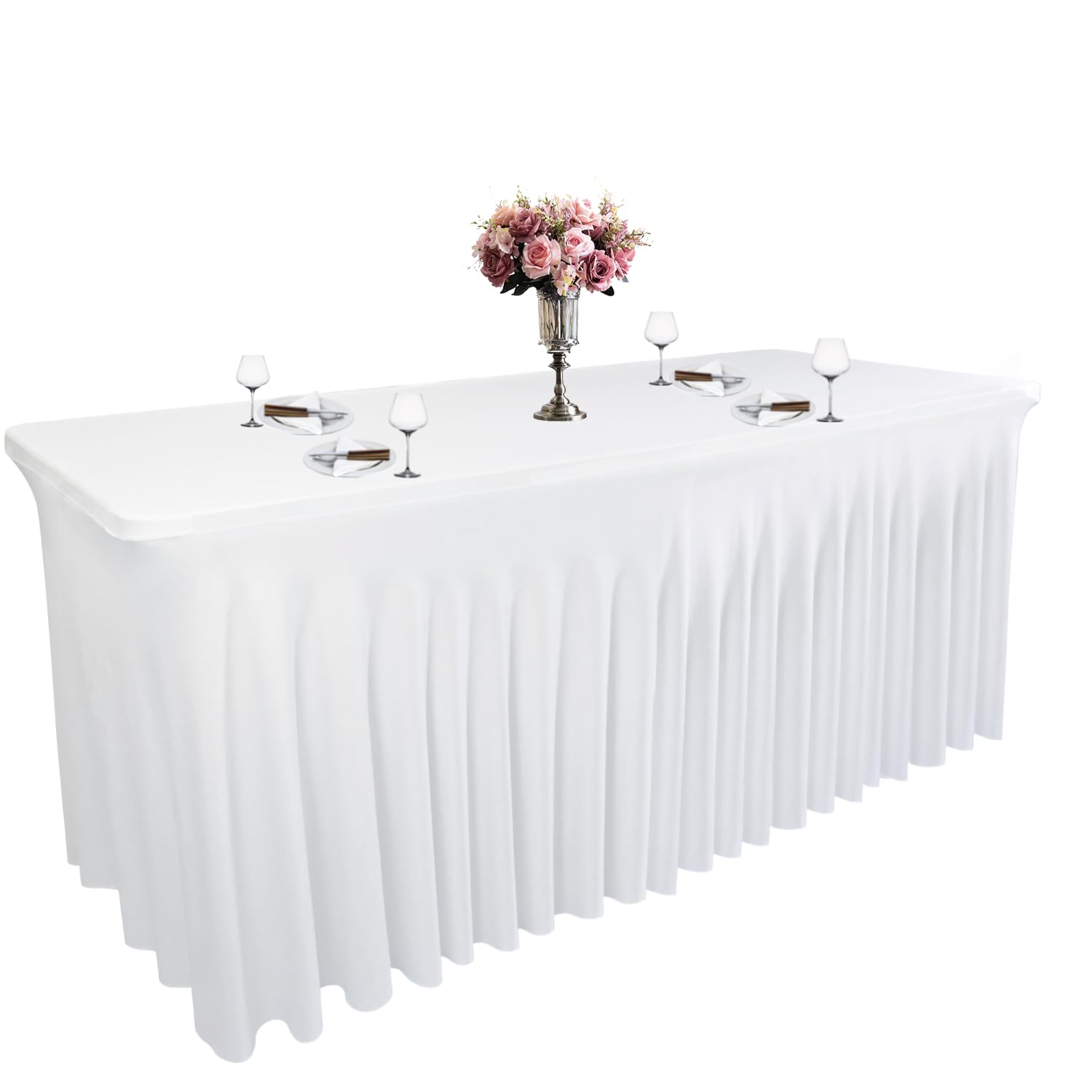 White Spandex Table Skirt for Rectangle Tables 4Ft 1-Pack Stretch Pleated Tablecloth for 48 L x 24 W
