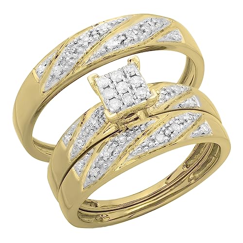 Dazzlingrock Collection Round White Diamond Cluster Style Matching Wedding Trio Ring Set for Him & Her (0.30 ctw, Color I-J, Clarity I2-I3) in 10K Gold