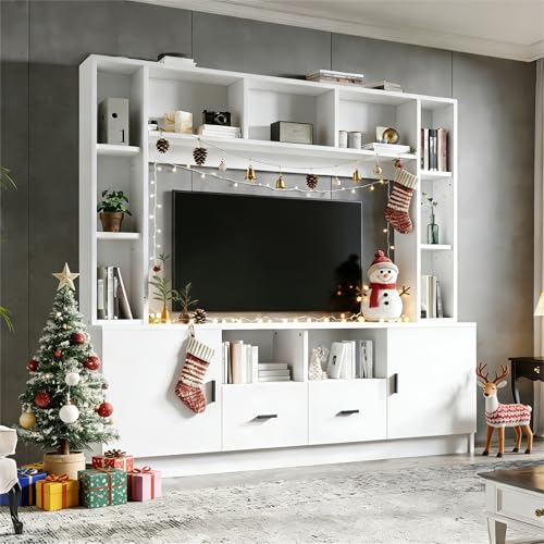 QSOST Meuble TV Mural 180 x 35 x 170 cm avec vitrine, Mur multimédia avec Plateau TV et étagère, Ensemble de Meubles de Salon TV avec 2 armoires, 2 tiroirs,...