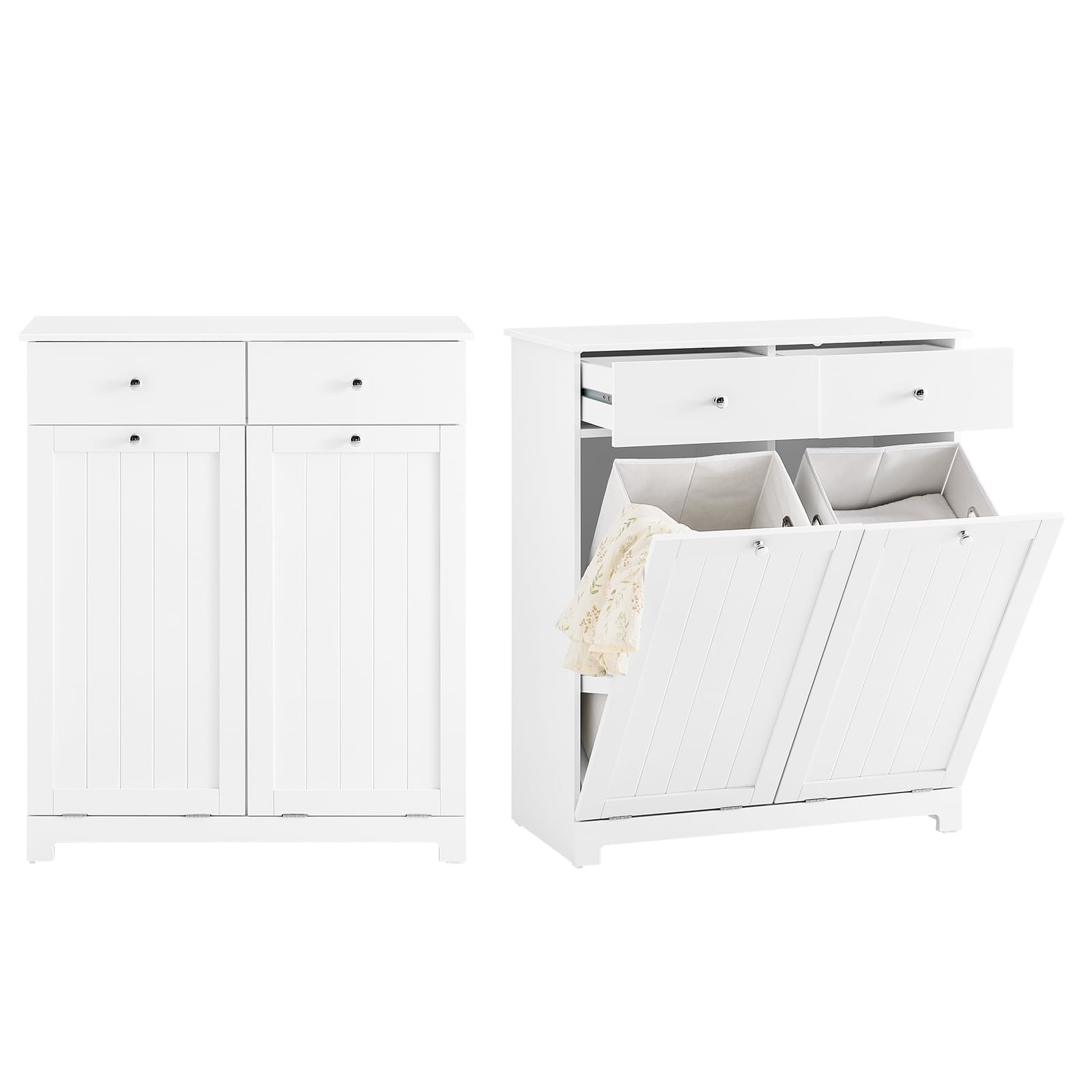 SoBuy Tilt-Out Trash Bin Cabinet, Freestanding Wooden Storage Unit, Bin Cabinet with 2 Doors & 2 Drawers, Multi-Function Bin Storage for Kitchen, Laundry, White, W78 x D38 x H90 cm