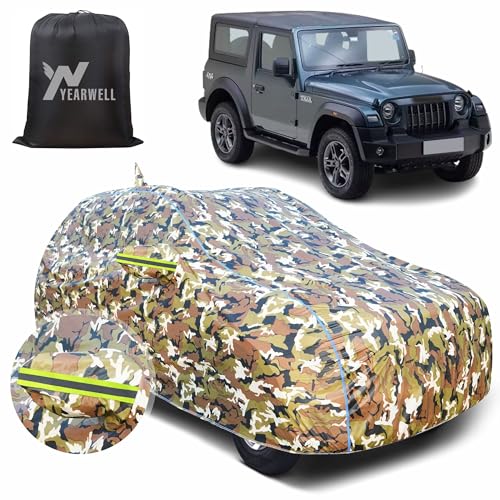 Image of Car Body Cover for Mahindra Thar, 100% Waterproof with Mirror & Antenna Pockets, Military Print Design, UV & Dust Protection, Triple Stitched, Sky Piping & Reflector (Jungle Print)