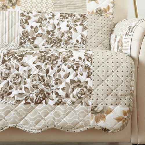 Image of Great Bay Home Reversible Patchwork Recliner Cover - Washable Slipcover Furniture Protector with Elastic Straps - Perfect for Kids & Pets - Box-Stitched Detail (Taupe)