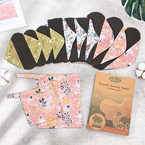 Viedouce Compresas Reutilizables, Paquete de 9 Maternity Postparto Almohadillas Menstruales de Algodón, Salvaslip Reutilizable Algodon y Bolsas Impermeables ZTN