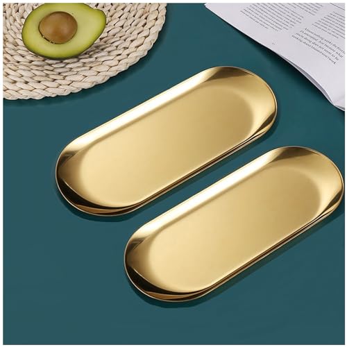 Lot de 2 plateaux dorés - Plateau décoratif doré - Plateau de service doré - Petit miroir en acier inoxydable - Pour aliments, bijoux, cosmétiques,...