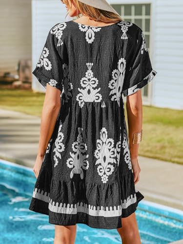 Image of CUPSHE Women Ruffle Floral Summer Dresses 2025 V Neck Short Sleeve Smocked High Waist Casual Beach Holiday Mini Dress