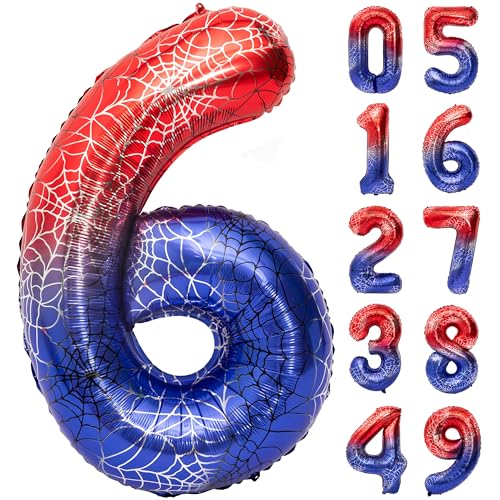 Image of 40 In Red And Blue Spider Theme Large Number 6 Balloon | Giant Large Helium Foil Balloon for Boy or Girl 6 th Birthday Wedding Anniversary Baby Shower Party Decorations