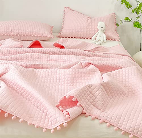Quilt Set Queen Size Pink, Pom Pom Fringe, 3 Piece Lightweight Bedspread - Soft Kids Bed Coverlet, Bedding Set (Includes 1 Quilt, 2 Shams) #TOP12