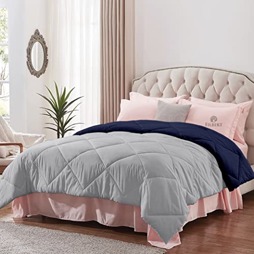 Image of Filbert - Single Bed Comforter for Winter 300 GSM Reversible Microfiber Soft & Cozy Diamond Stitch Quilt (60 inch x 90 inch Inches /152cm x 228cm) - Comforter Single Bed|Silver /Navy Blue